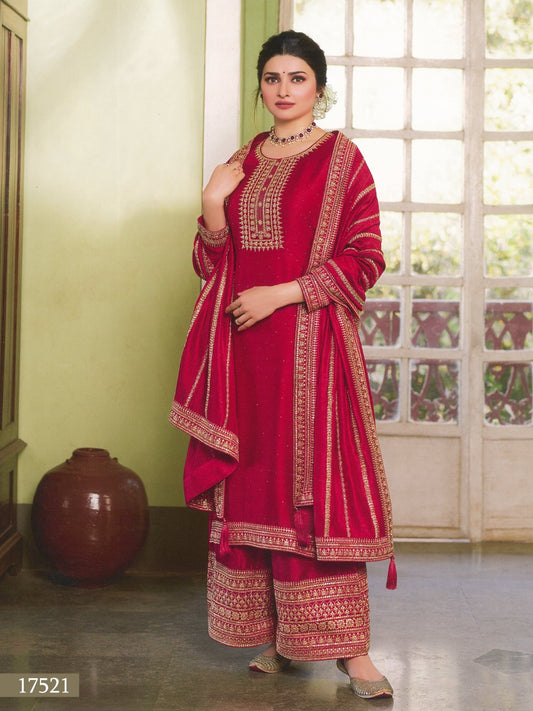 Red Color Silk Georgette Embroided Palazzo Suit