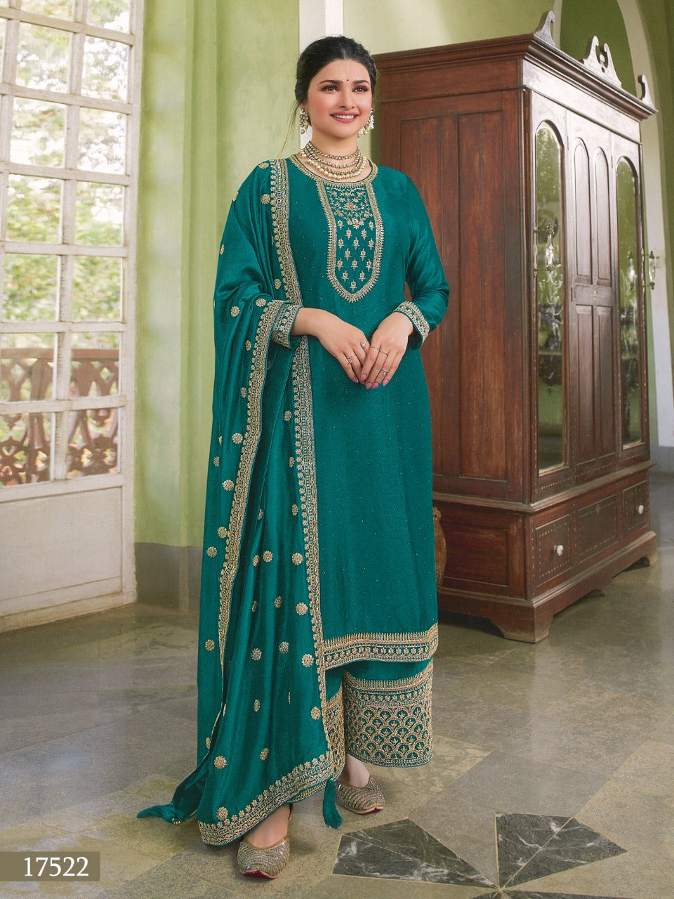 Sea Blue Color Silk Georgette Embroided Palazzo Suit