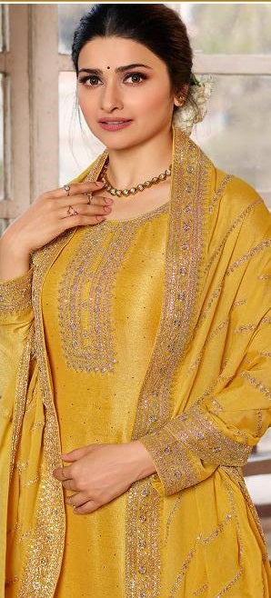 Yellow Color Silk Georgette Embroided Palazzo Suit