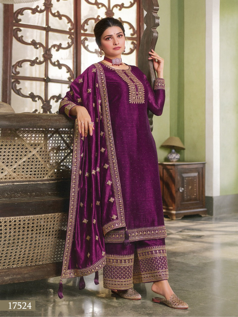 Purple Color Silk Georgette Embroided Palazzo Suit