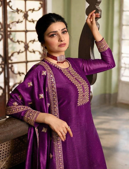 Purple Color Silk Georgette Embroided Palazzo Suit