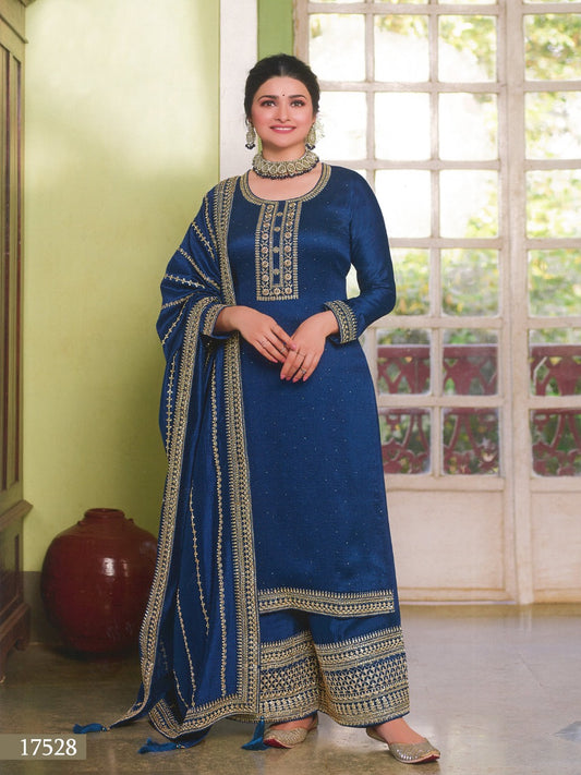 Blue Color Silk Georgette Embroided Palazzo Suit
