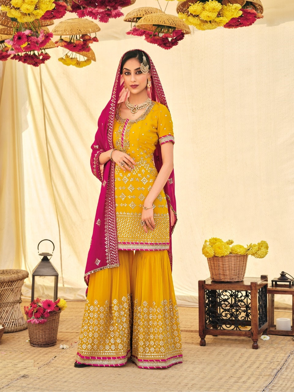Yellow Color Faux Georgette Embroided Sharara suit