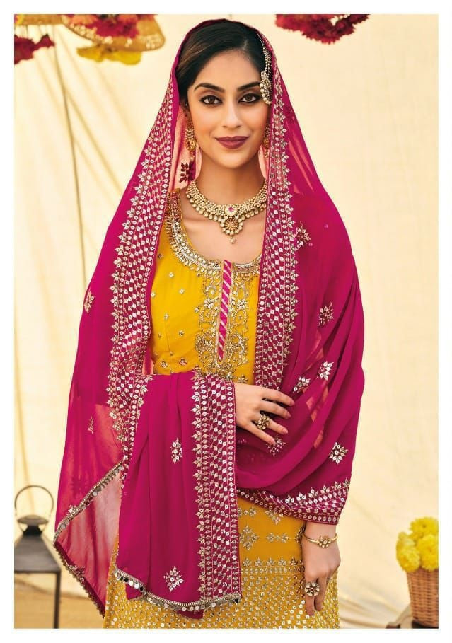 Yellow Color Faux Georgette Embroided Sharara suit