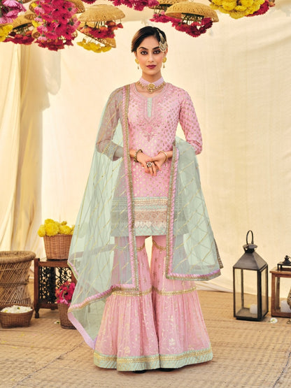 Baby Pink Color Faux Georgette Embroided Sharara suit
