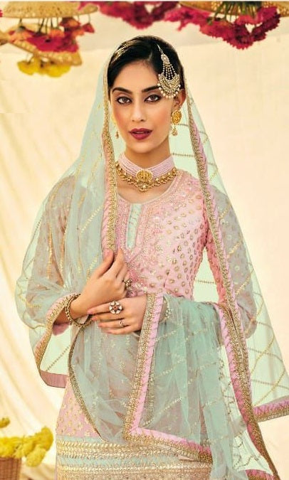Baby Pink Color Faux Georgette Embroided Sharara suit
