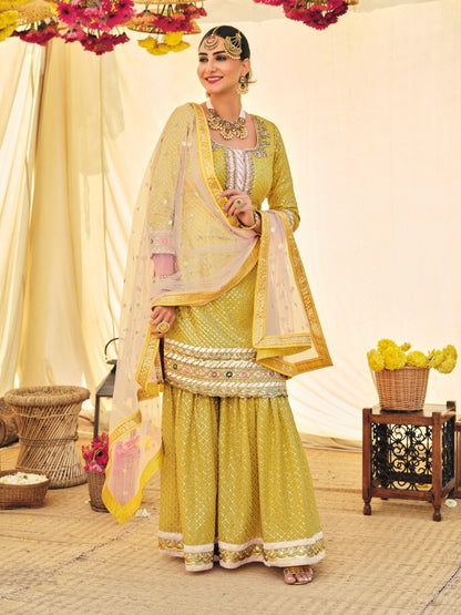 Light Yellow Color Faux Georgette Embroided Sharara suit