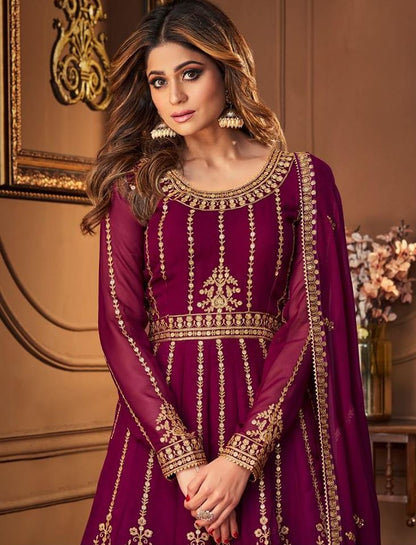 Purple Color Georgette Embroided Semi Stitched Ghaghra Suit