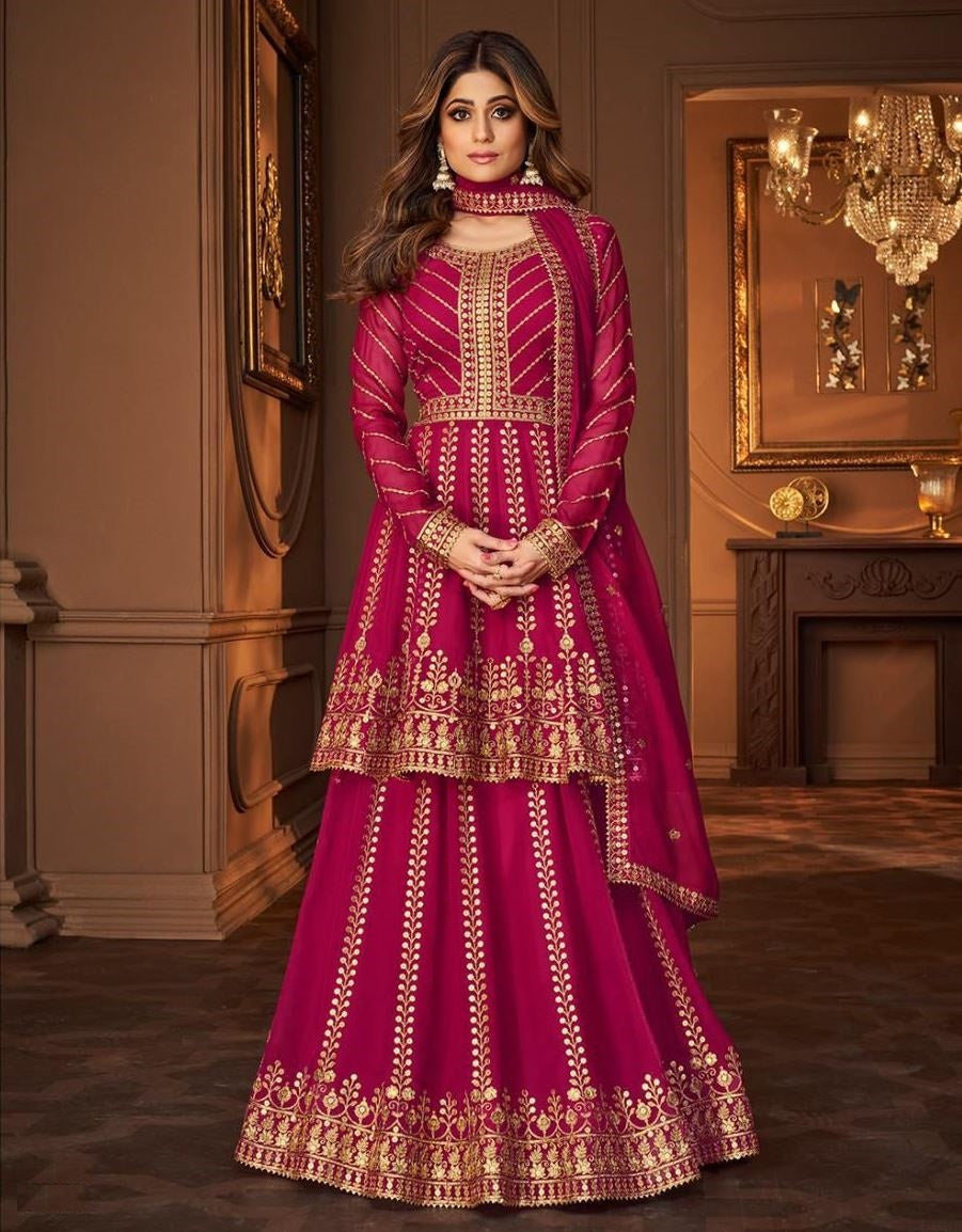 Pink Color Georgette Embroided Semi Stitched Ghaghra Suit - Joshindia