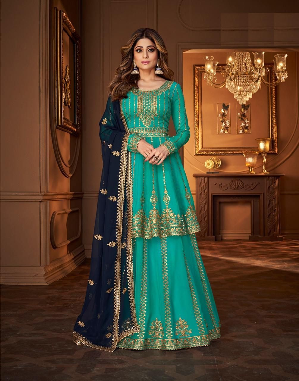 Bottle Green Color Georgette Embroided Semi Stitched Ghaghra Suit