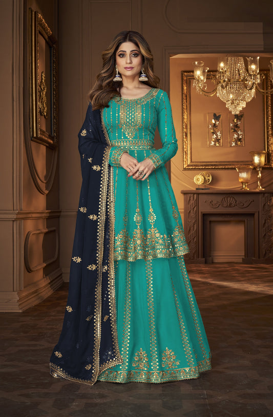 Bottle Green Georgette Embroided Semi Stitched Ghaghra Suit