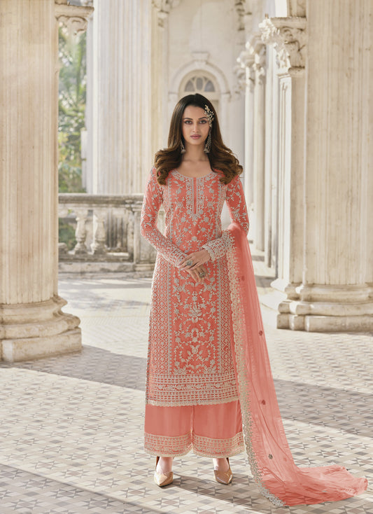 Orange Color Heavy Butterfly Net With Embroided & Cording Work Palazzo Suit
