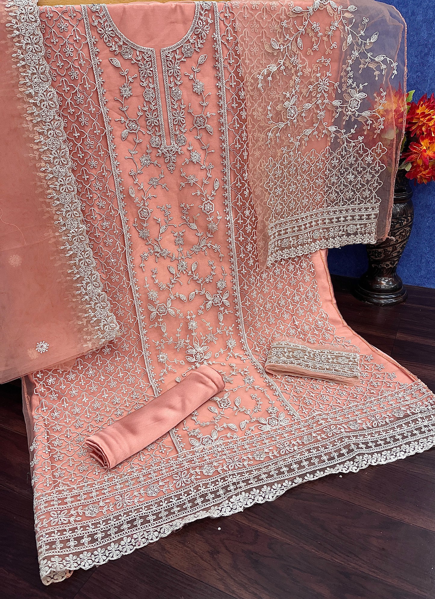 Orange Color Heavy Butterfly Net With Embroided & Cording Work Palazzo Suit
