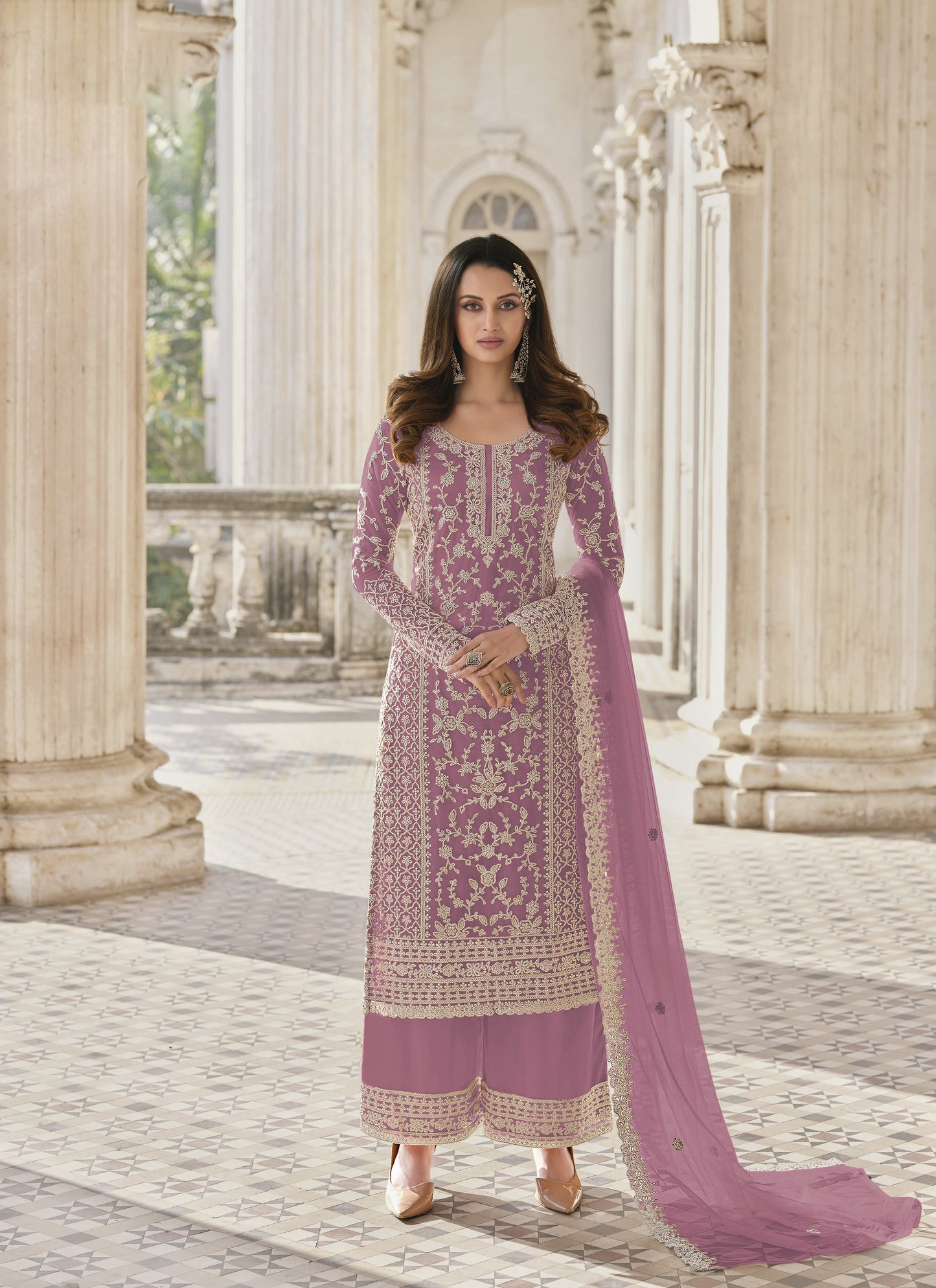 Violet Color Heavy Butterfly Net With Embroided & Cording Work Palazzo Suit
