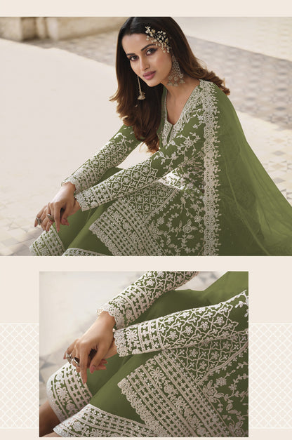 Green Color Heavy Butterfly Net With Embroided & Cording Work Palazzo Suit