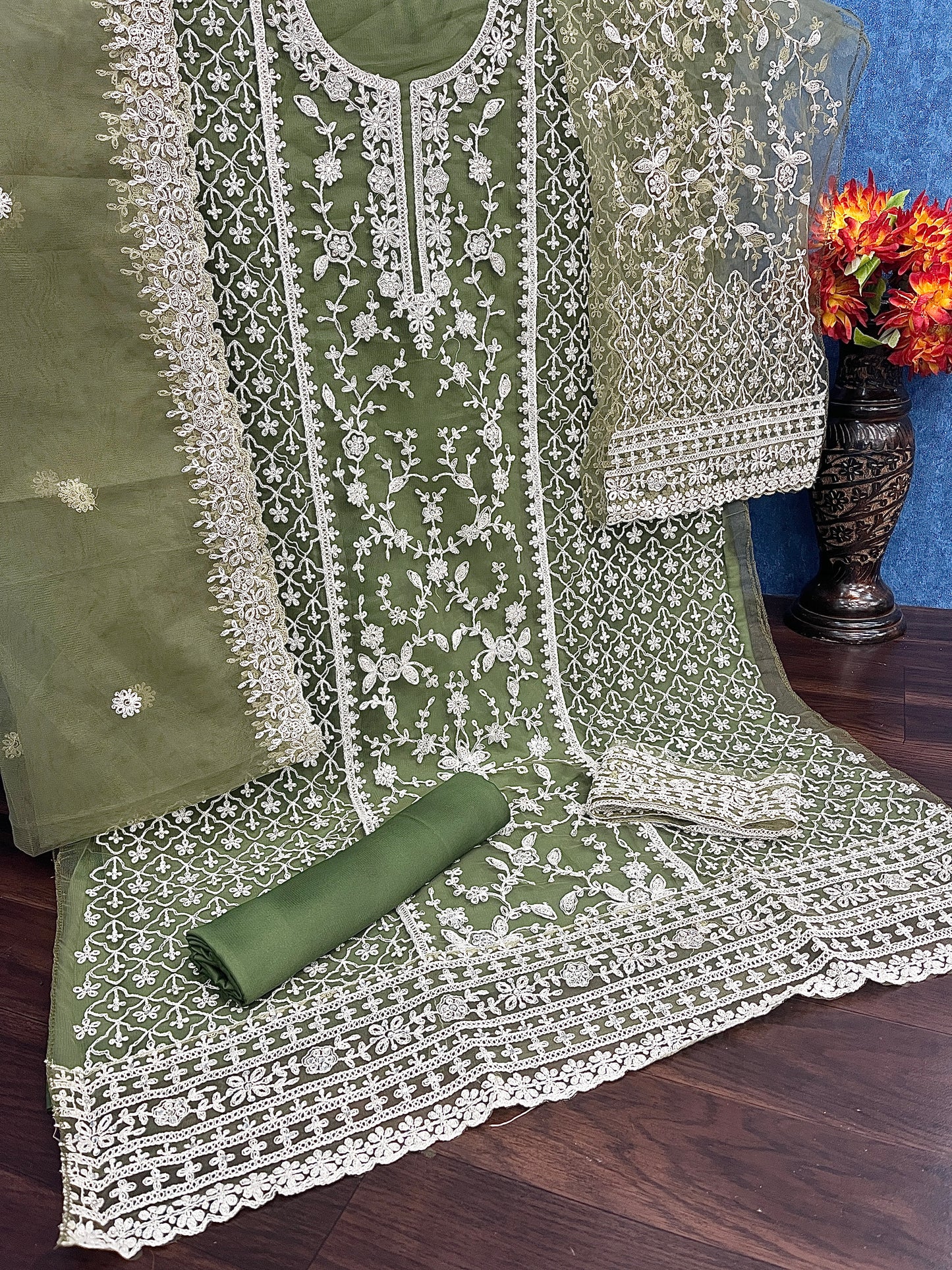 Green Color Heavy Butterfly Net With Embroided & Cording Work Palazzo Suit