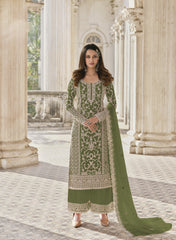Green Color Heavy Butterfly Net With Embroided & Cording Work Palazzo Suit - Joshindia