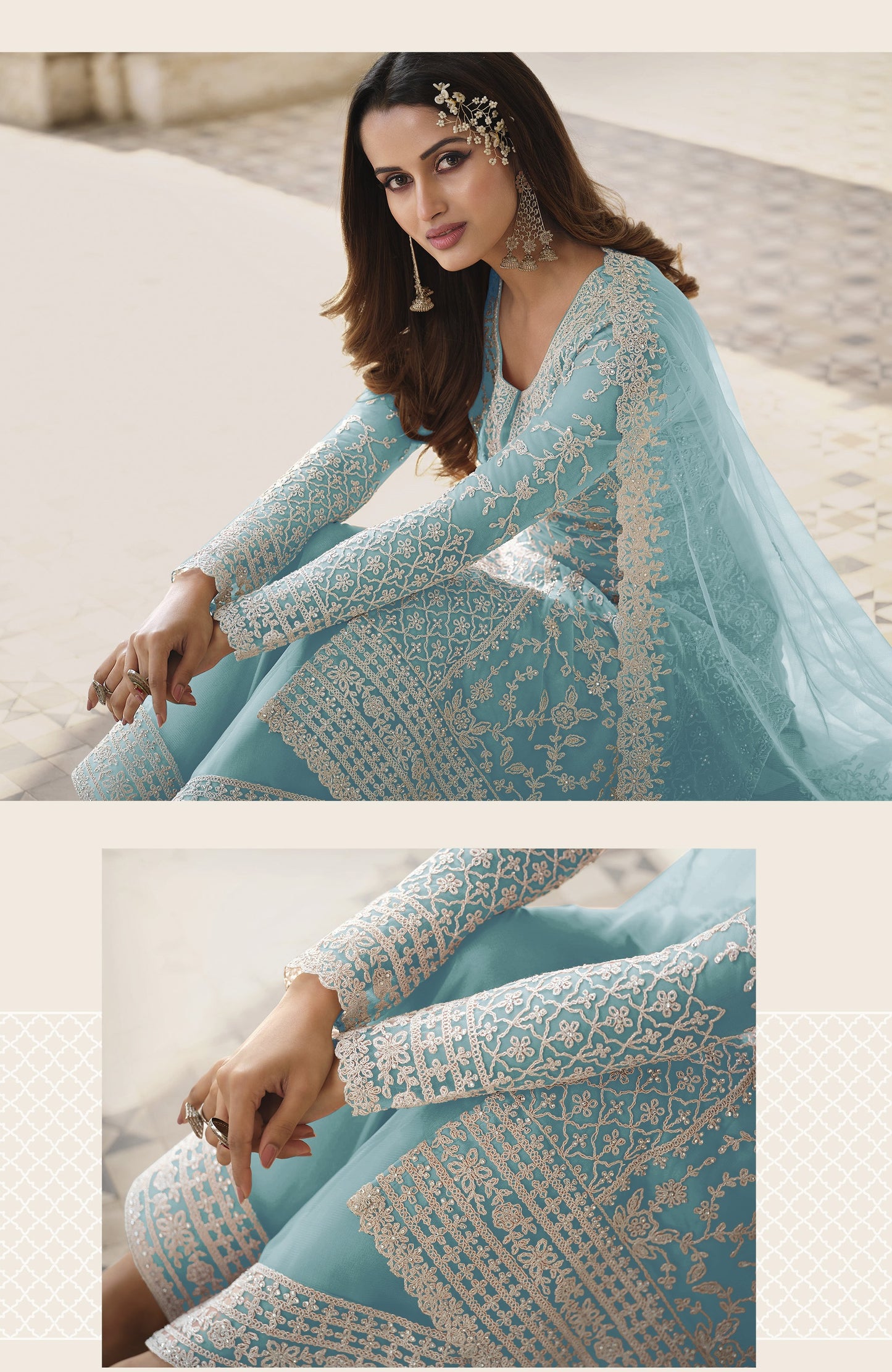 Sky Blue Color Heavy Butterfly Net With Embroided & Cording Work Palazzo Suit