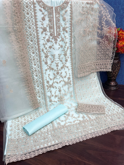 Sky Blue Color Heavy Butterfly Net With Embroided & Cording Work Palazzo Suit