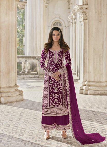 Purple Color Heavy Butterfly Net With Embroided & Cording Work Palazzo Suit