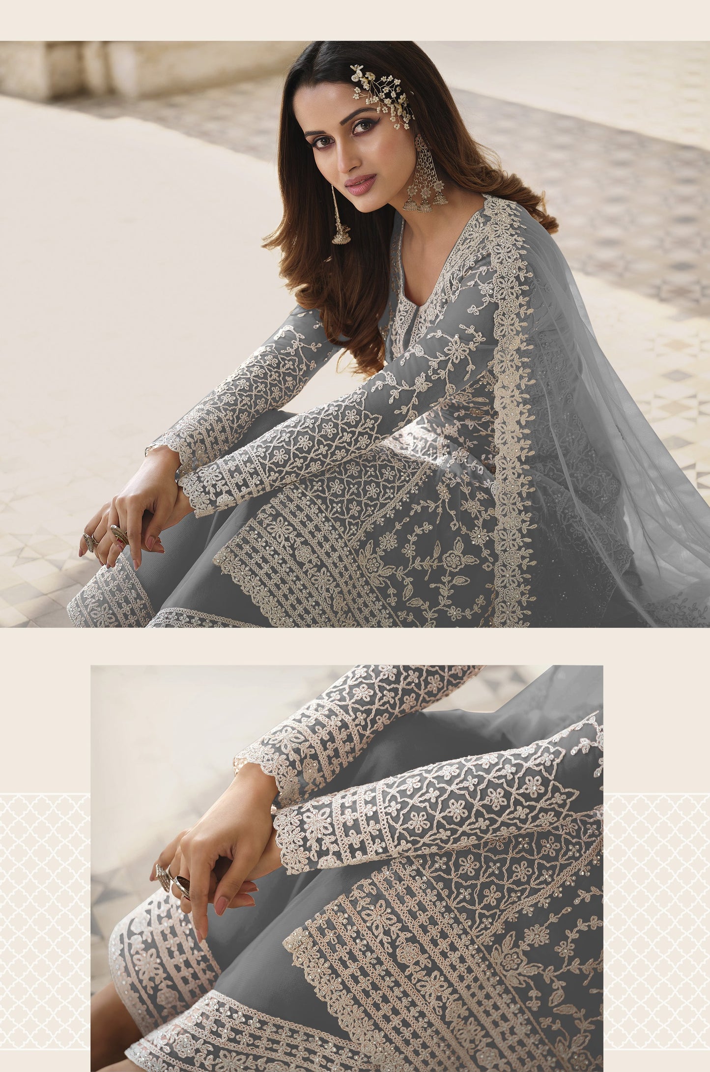 Grey Color Heavy Butterfly Net With Embroided & Cording Work Palazzo Suit