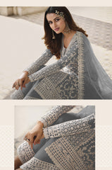 Grey Color Heavy Butterfly Net With Embroided & Cording Work Palazzo Suit - Joshindia