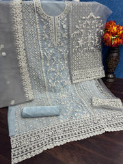 Grey Color Heavy Butterfly Net With Embroided & Cording Work Palazzo Suit - Joshindia