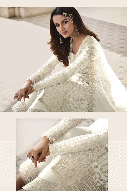 White Color Heavy Butterfly Net With Embroided & Cording Work Palazzo Suit