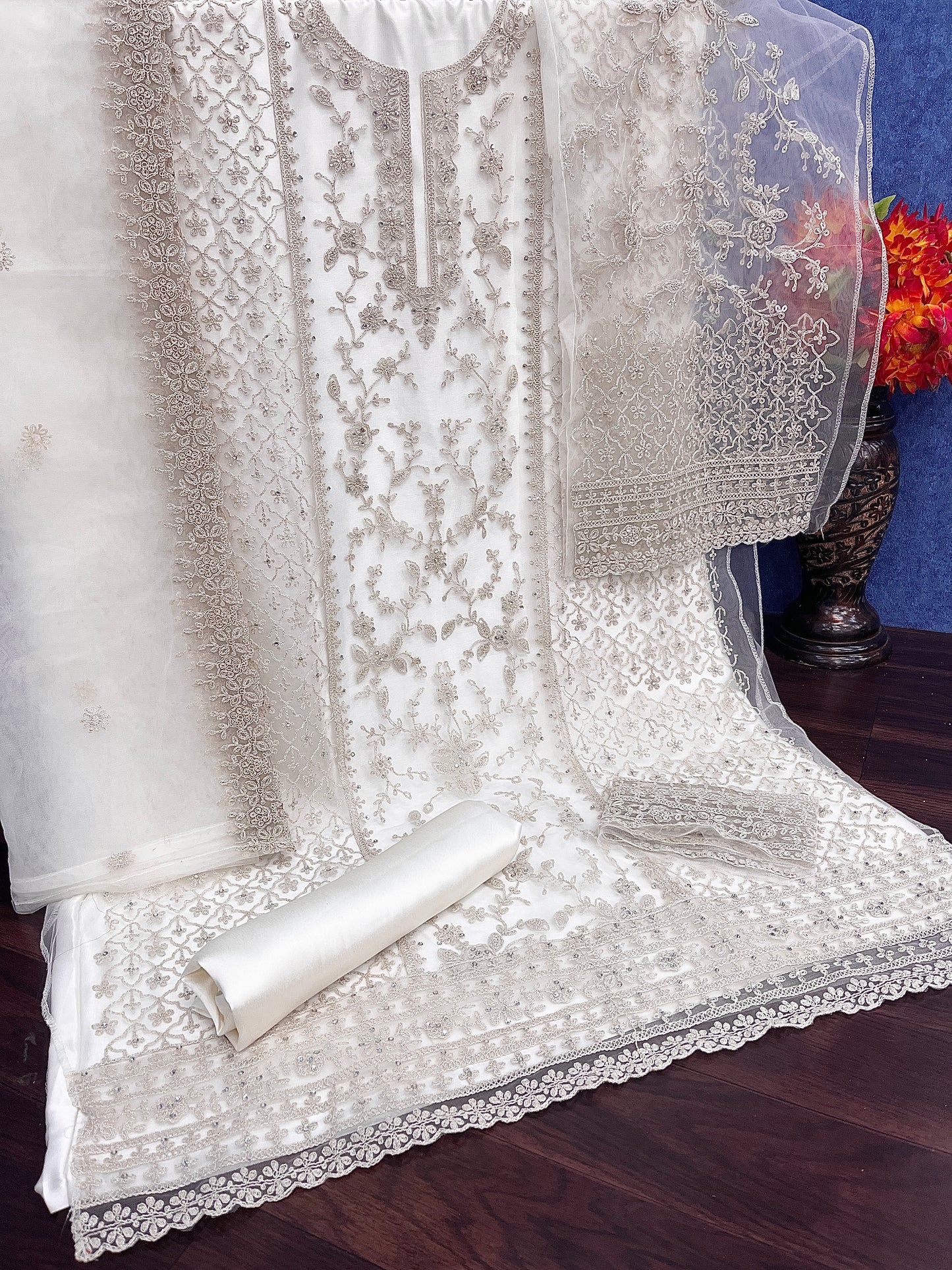 White Color Heavy Butterfly Net With Embroided & Cording Work Palazzo Suit