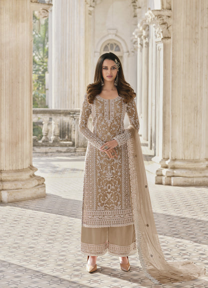 Beige Color Heavy Butterfly Net With Embroided & Cording Work Palazzo Suit
