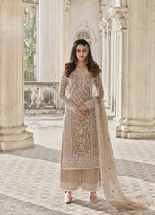 Beige Color Heavy Butterfly Net With Embroided & Cording Work Palazzo Suit - Joshindia