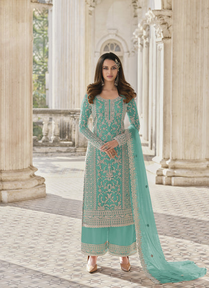 Sea Green Color Heavy Butterfly Net With Embroided & Cording Work Palazzo Suit