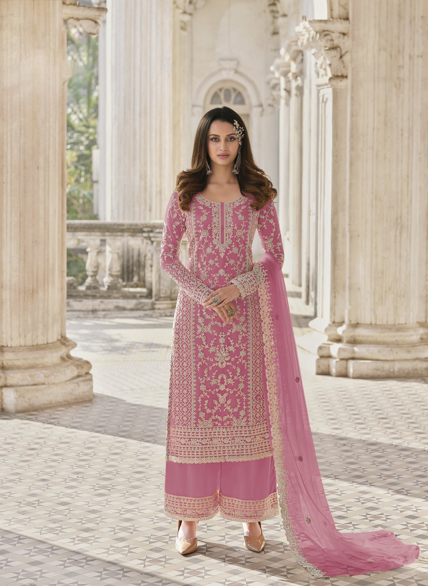 Pink Color Heavy Butterfly Net With Embroided & Cording Work Palazzo Suit