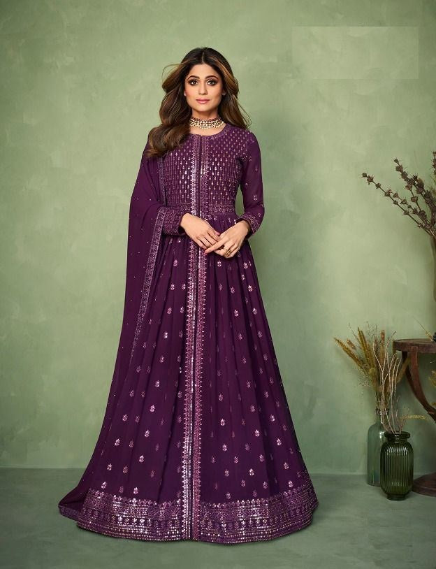 Purple Color Georgette Front and Back Embroidery Work Anarkali Suit