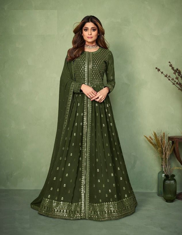 Green Color Georgette Front and Back Embroidery Work Anarkali Suit - Joshindia