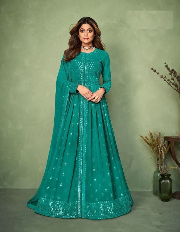 Sea Color Purple Georgette Front and Back Embroidery Work Anarkali Suit - Joshindia