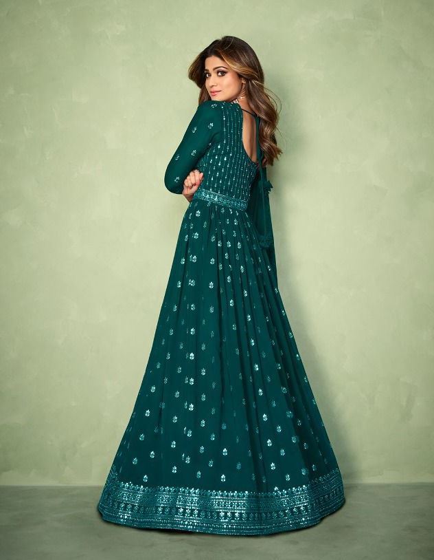 Women Embrodired Stylish Rama Green Flared Gown