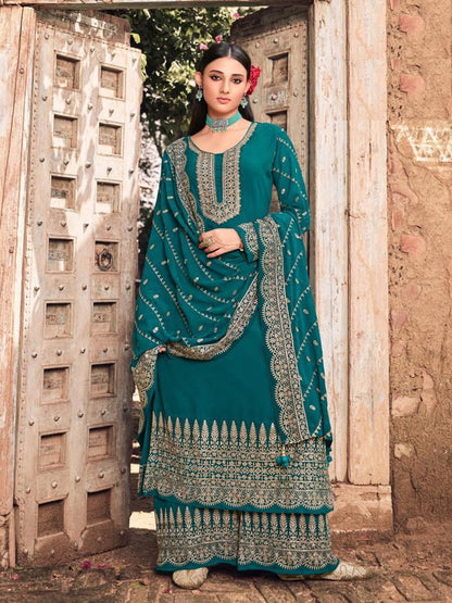 Sea Blue Color Faux Georgette With Embroidery Work Palazzo Suit