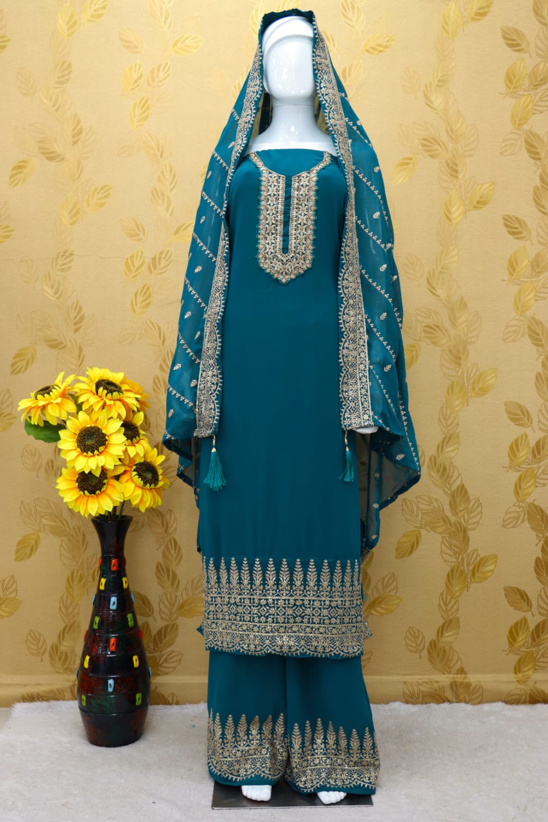 Sea Blue Color Faux Georgette With Embroidery Work Palazzo Suit