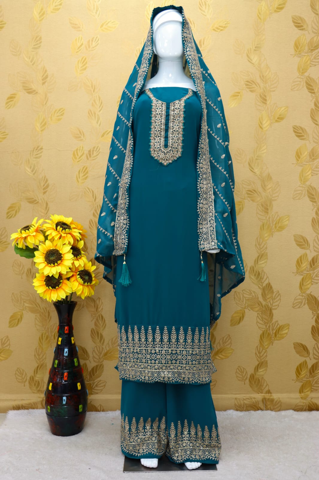 Sea Blue Color Faux Georgette With Embroidery Work Palazzo Suit - Joshindia