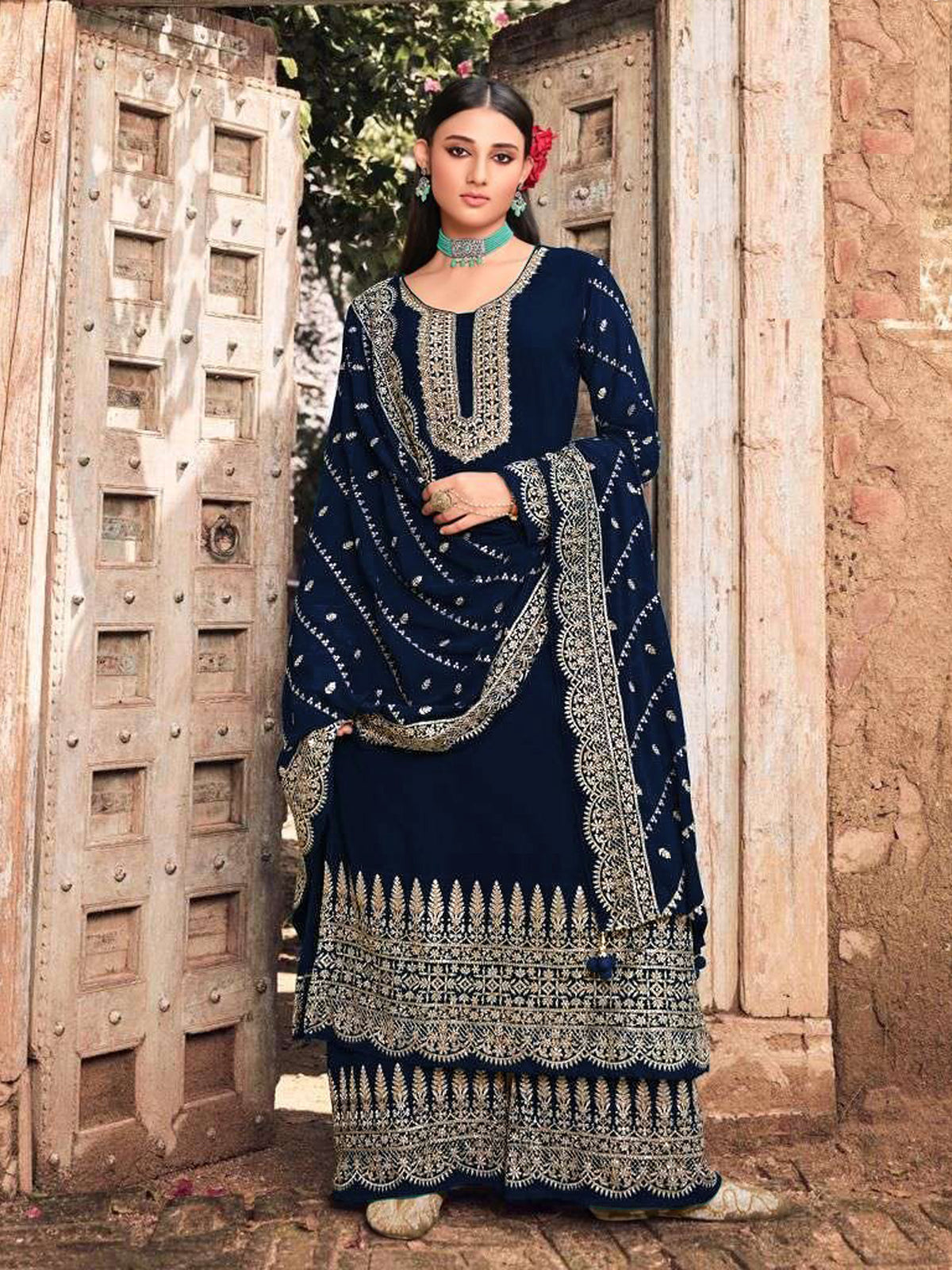 Navy Blue Color Faux Georgette With Embroidery Work Palazzo Suit - Joshindia