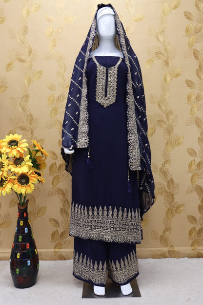 Navy Blue Color Faux Georgette With Embroidery Work Palazzo Suit