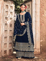 Navy Blue Color Faux Georgette With Embroidery Work Palazzo Suit - Joshindia