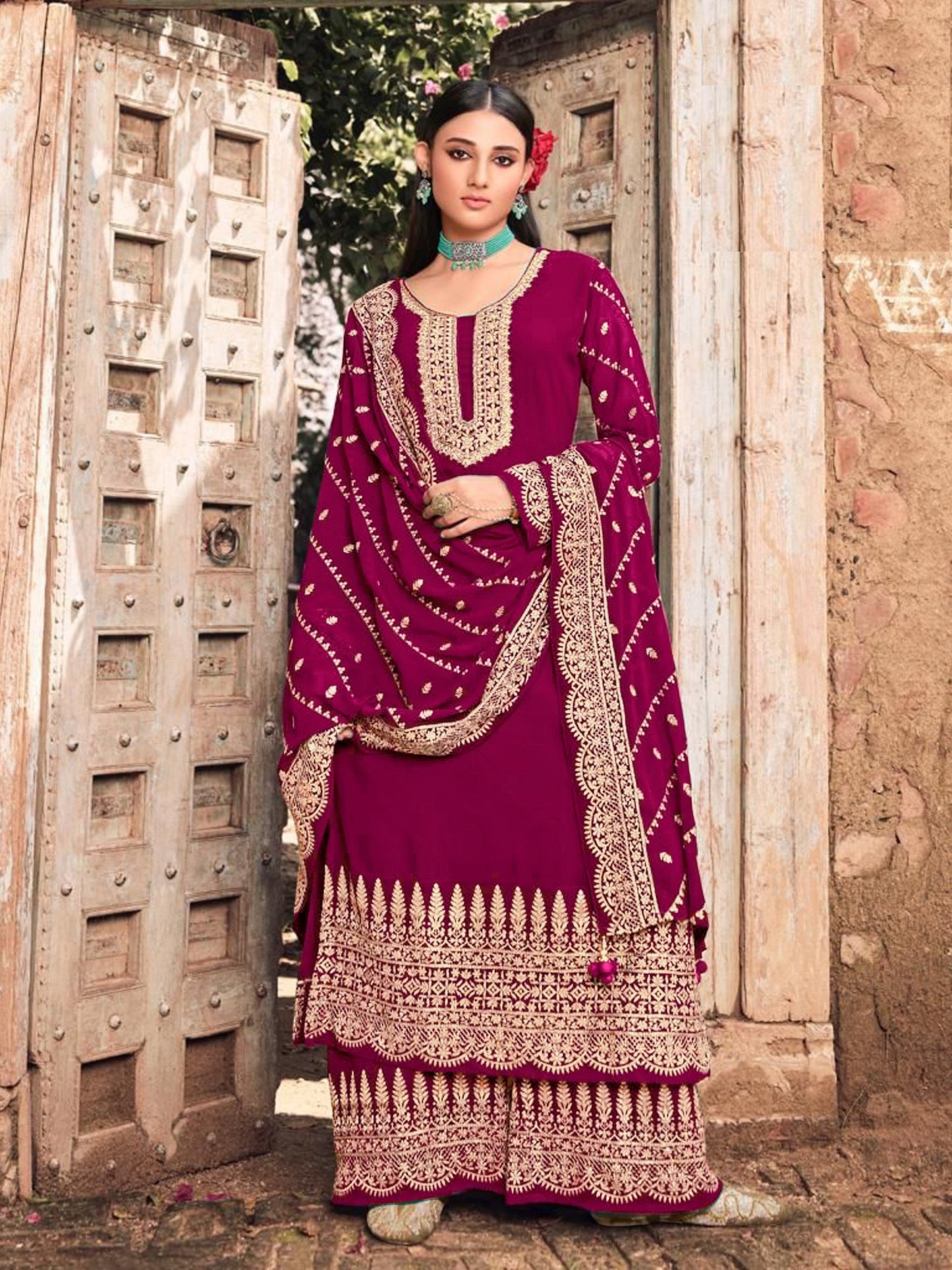 Pink Color Faux Georgette With Embroidery Work Palazzo Suit