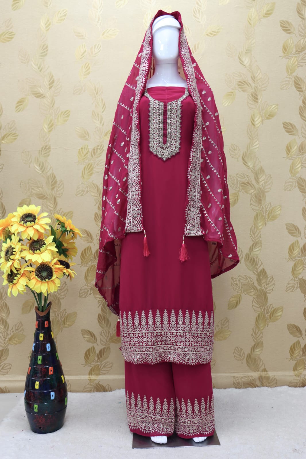 Pink Color Faux Georgette With Embroidery Work Palazzo Suit - Joshindia
