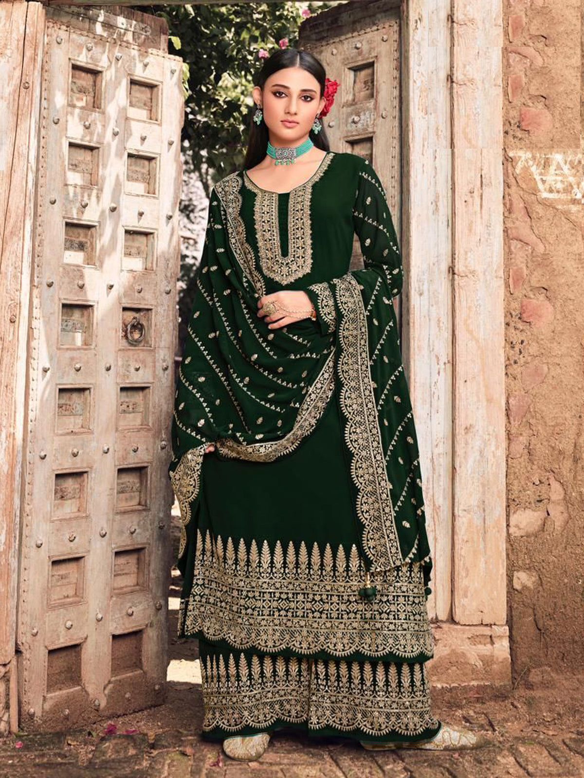 Green Color Faux Georgette With Embroidery Work Palazzo Suit - Joshindia