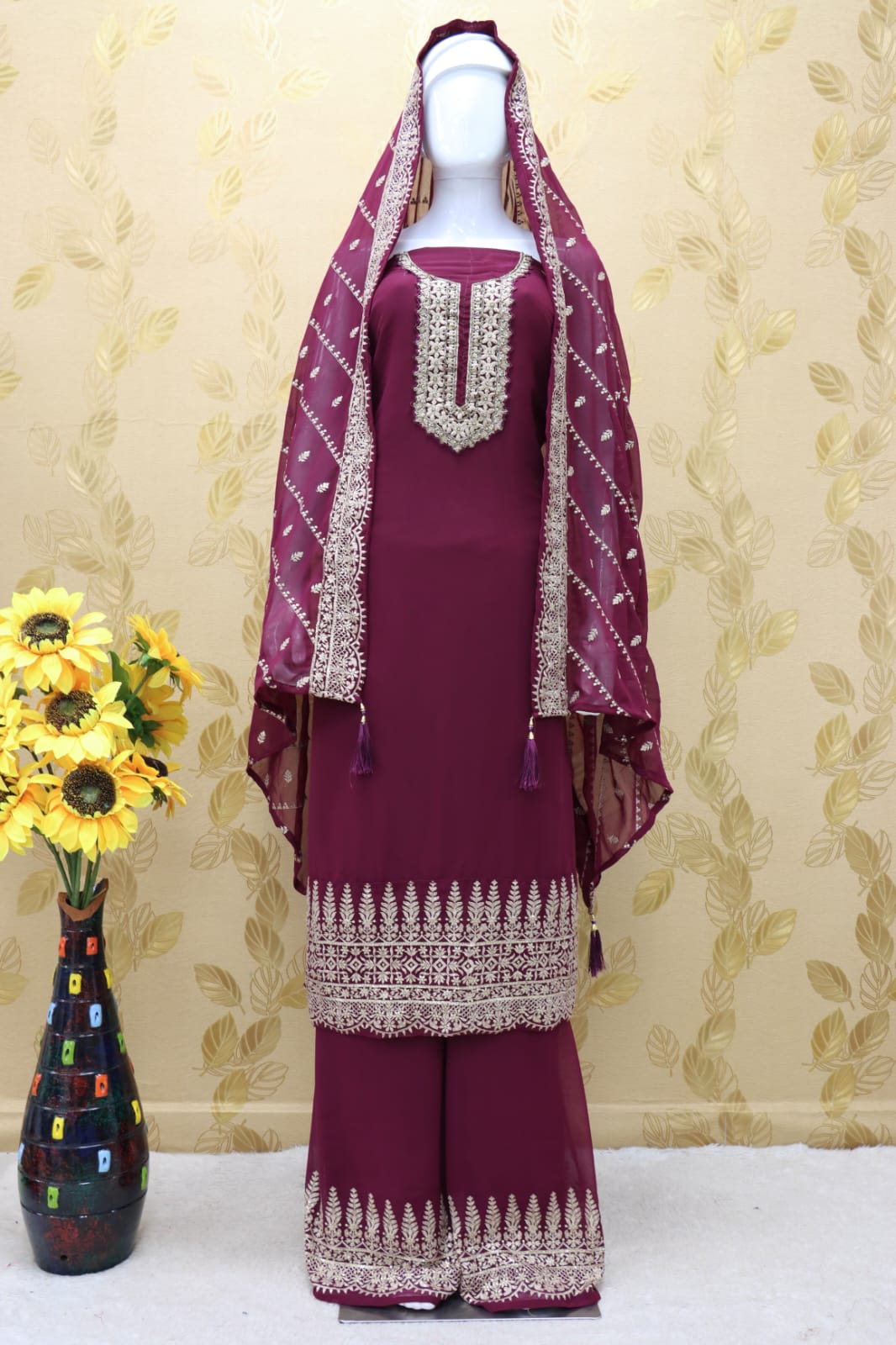 Purple Color Faux Georgette With Embroidery Work Palazzo Suit