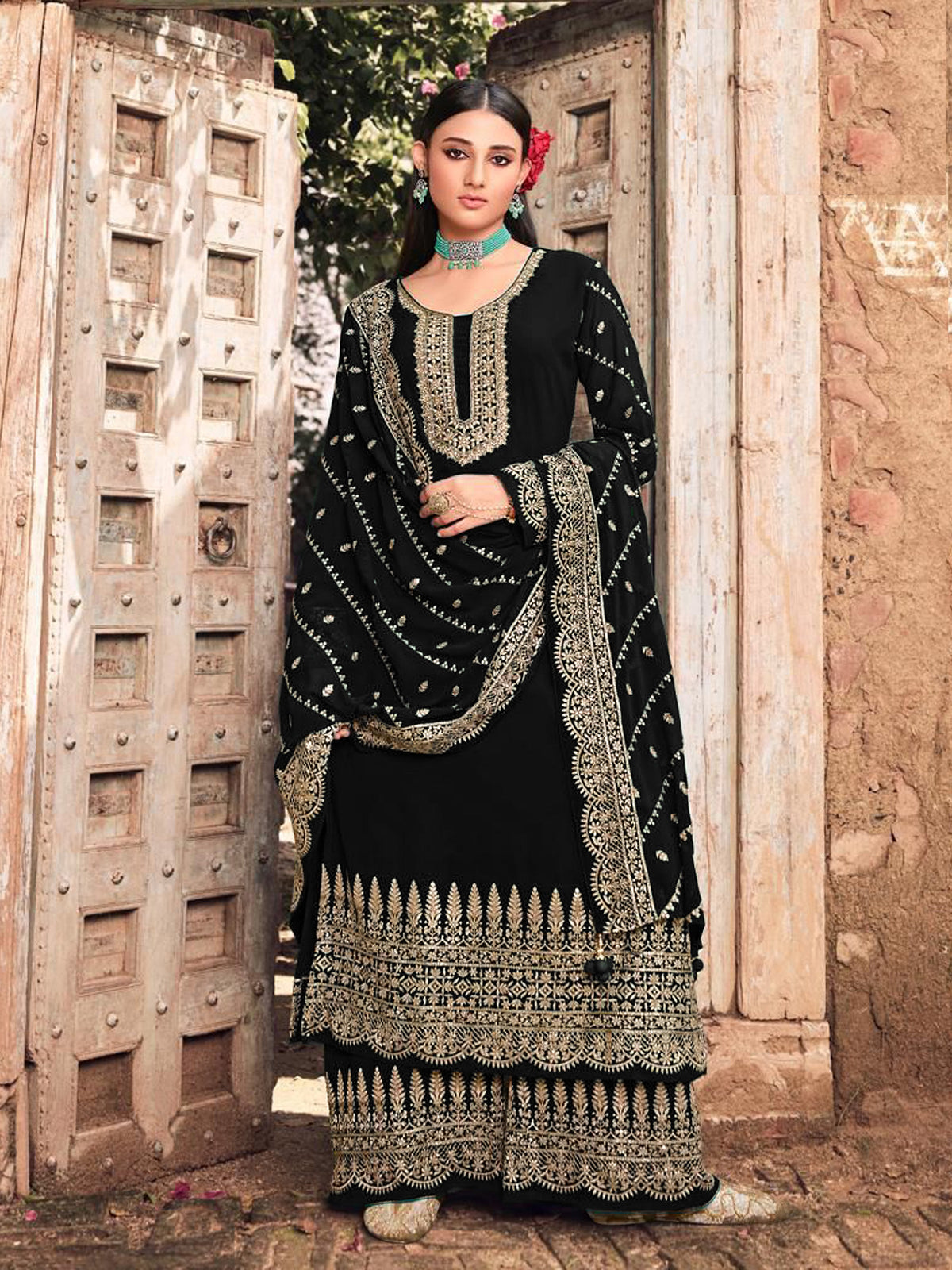 Black Color Faux Georgette With Embroidery Work Palazzo Suit - Joshindia