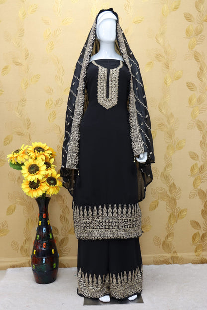 Black Color Faux Georgette With Embroidery Work Palazzo Suit