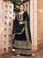 Black Color Faux Georgette With Embroidery Work Palazzo Suit - Joshindia